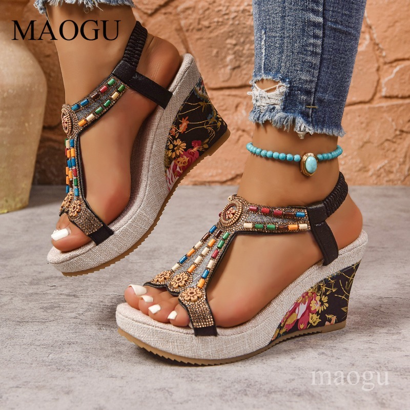 Boho Beaded Floral Wedge Sanda - Ethnic Modern Fashion review and price