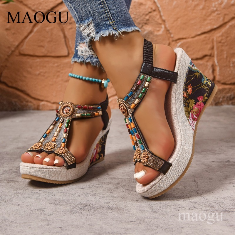 Boho Beaded Floral Wedge Sanda - Ethnic Modern Fashion review and price
